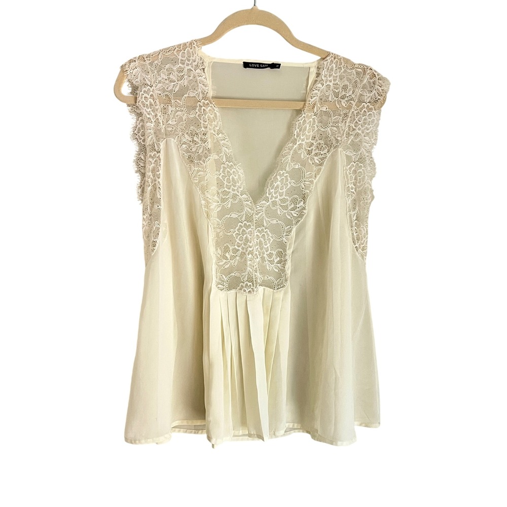 Love Sam Lace Trim Blouse S Womens Pleated Sheer V-Neck Ivory Fairycore Boho
